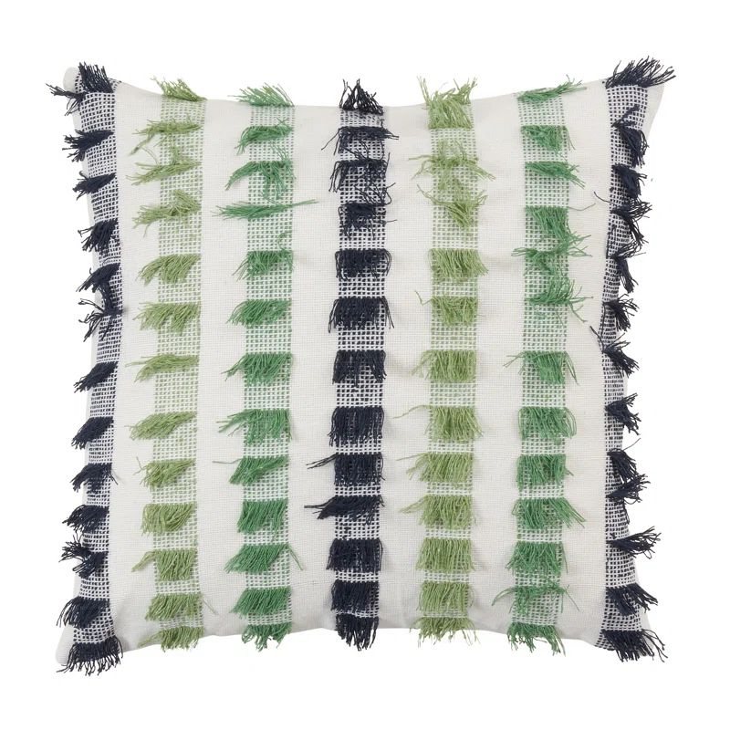 Green and Black Striped Fringe Cotton Pillow Cover