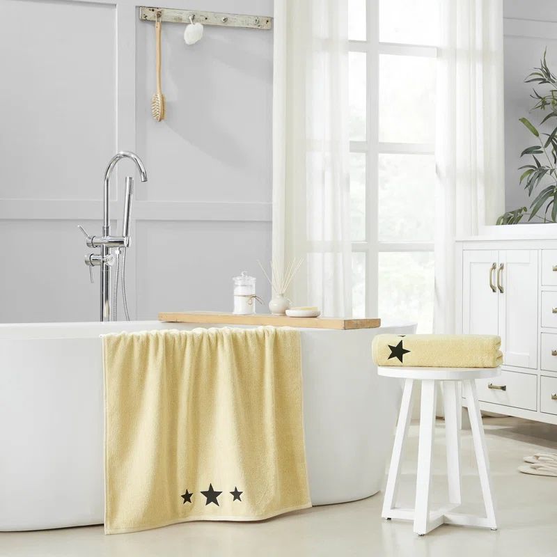 Soybean Creme Cotton Bath Towels with Black Stars Embroidery