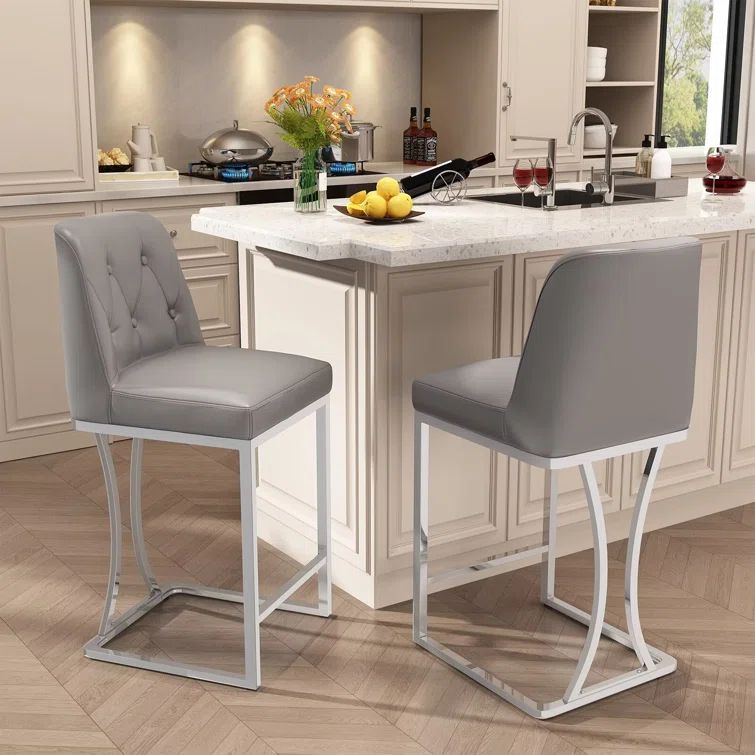 24" Gray Leather Counter Stools with Silver Metal Frame, Set of 2