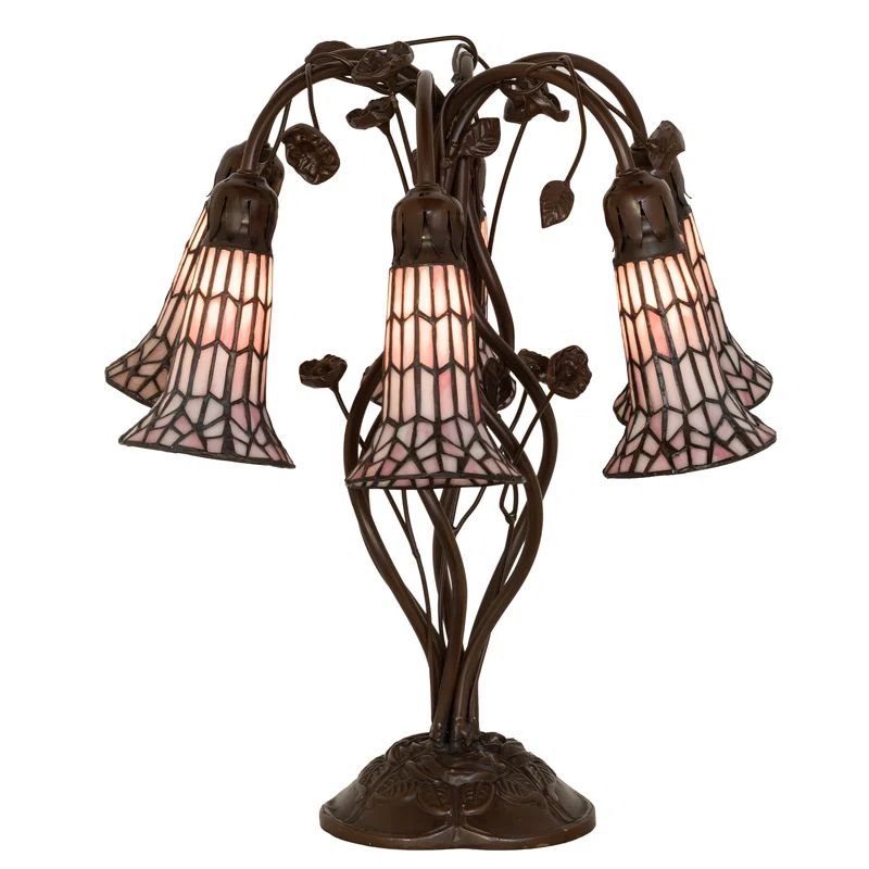 19" Mahogany Bronze Stained Glass Table Lamp with Pink Shades