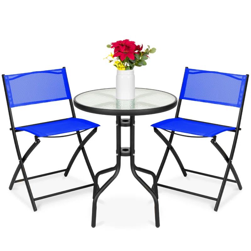 Resort Blue 3-Piece Black Metal and Glass Outdoor Bistro Set