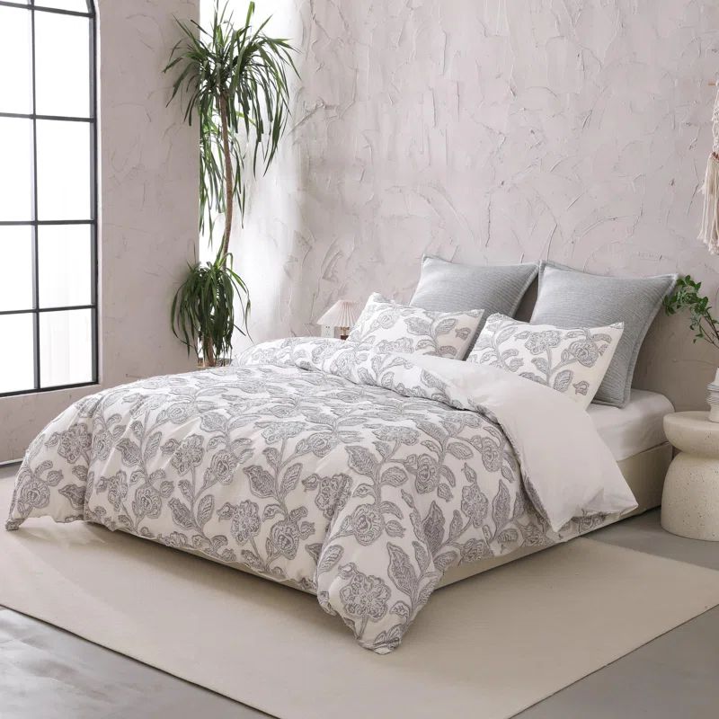 Queen Gray Cotton Jacquard Floral Duvet Cover Set
