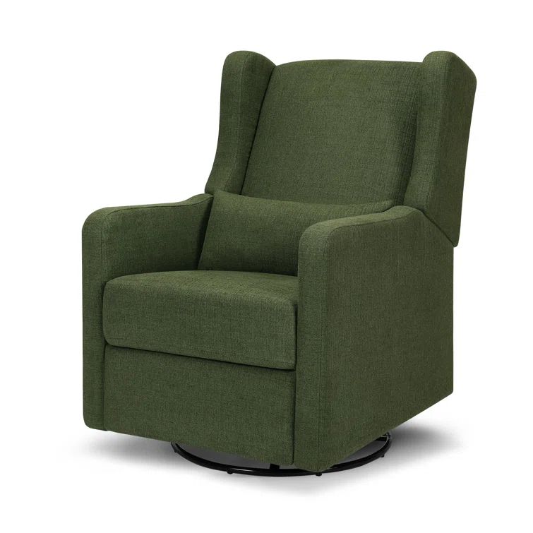 Forest Green Linen Swivel Recliner with Wood Base