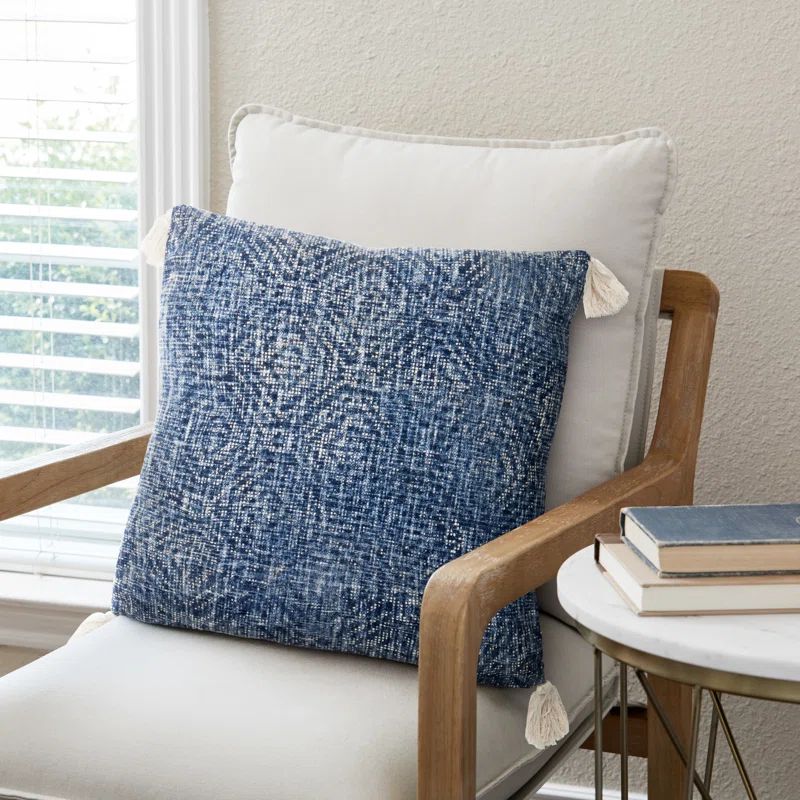 Dark Blue Embroidered Cotton Square Pillow with Tassels