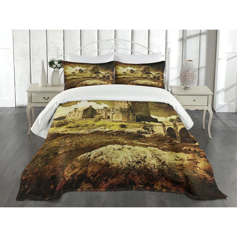 Medieval Castle Gray and Green Quilted Queen Bedspread Set