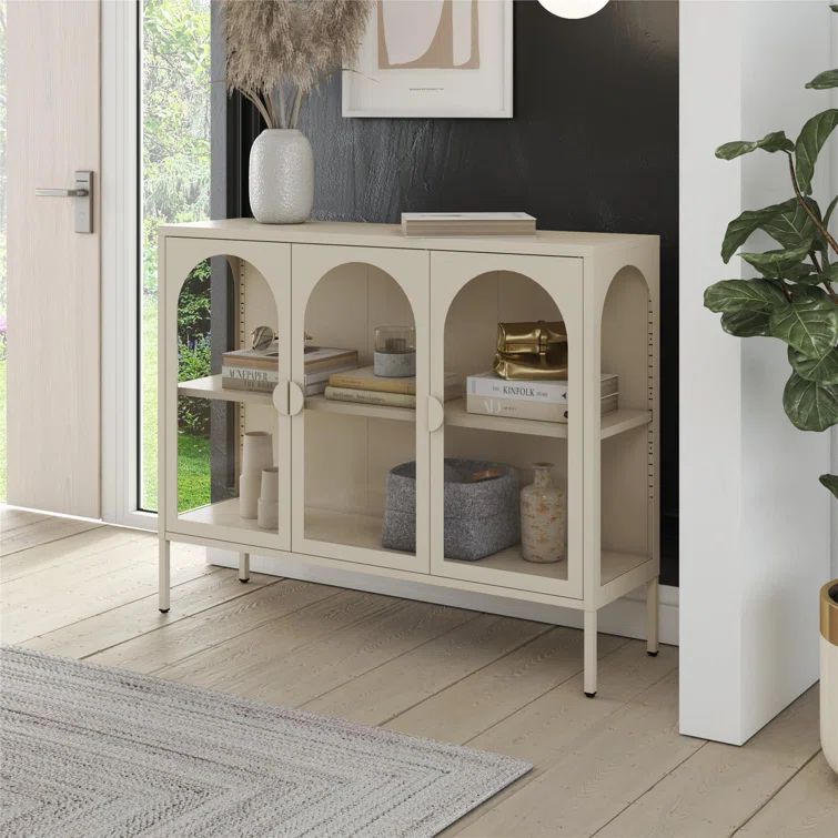 Pale Green Metal Accent Cabinet with Adjustable Shelving and Glass Doors