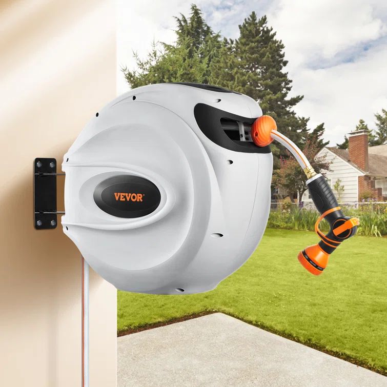 Gray and Black Retractable Wall-Mounted Garden Hose Reel with 9-Pattern Nozzle