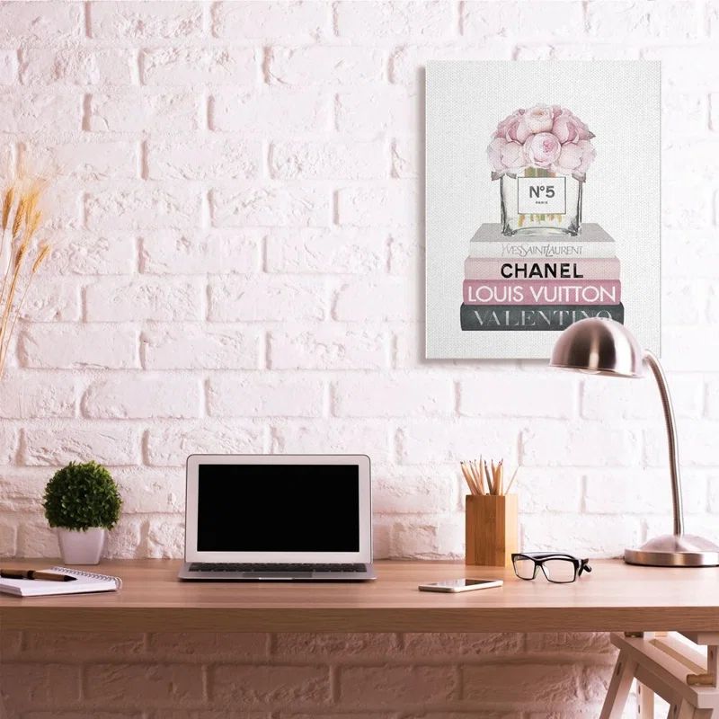 Glam Rose Bouquet Over Designer Books Canvas Wall Art