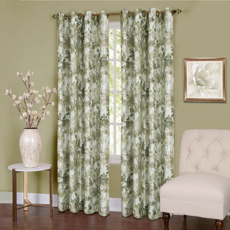 Green Floral Blackout Grommet Window Curtain Panel, 50x84 Polyester