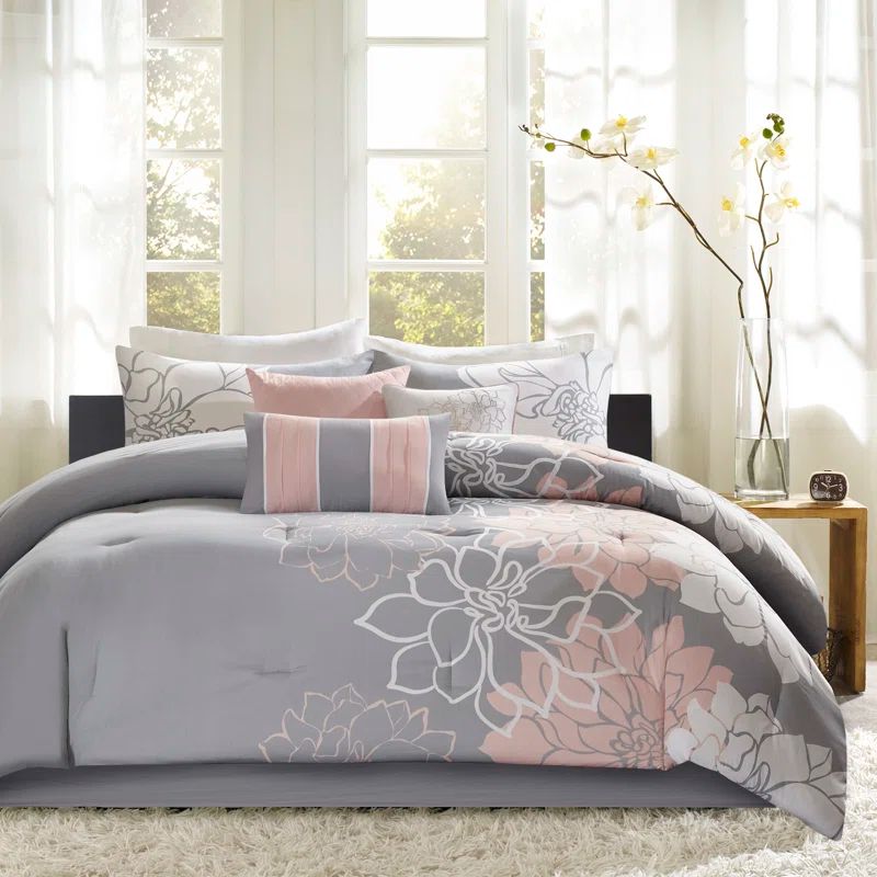 Lola Twin Gray and Blush Cotton Floral Comforter Set