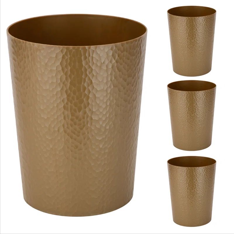 Gold Hammered Texture Round Plastic Bathroom Trash Can Set