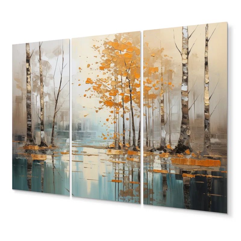 Golden Birch Woods Reflections Metal Wall Art Set