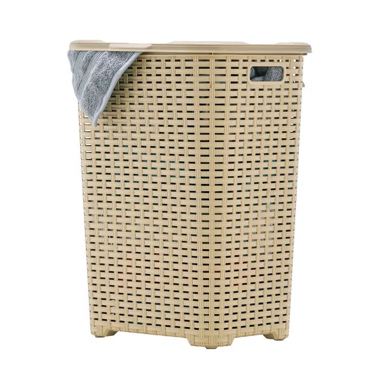 Beige Wicker Style Upright Hamper with Lid