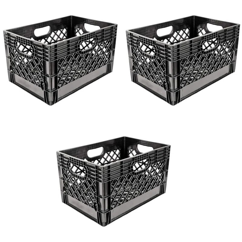 Heavy Duty Black Stackable Storage Crate with Handles, 3 Pack