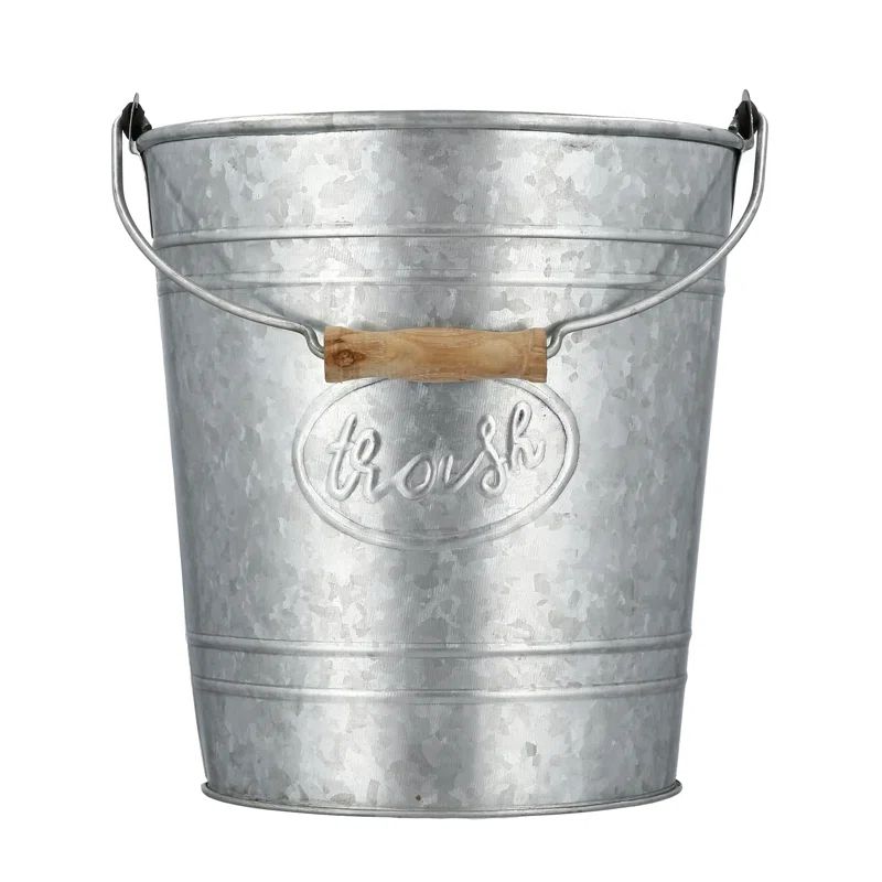 Rustic Galvanized Gray Trash Can with Wooden Handle