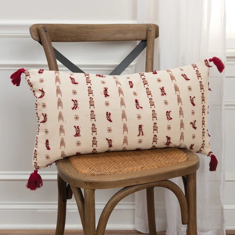 Beige and Green Embroidered Cotton Lumbar Pillow with Tassels