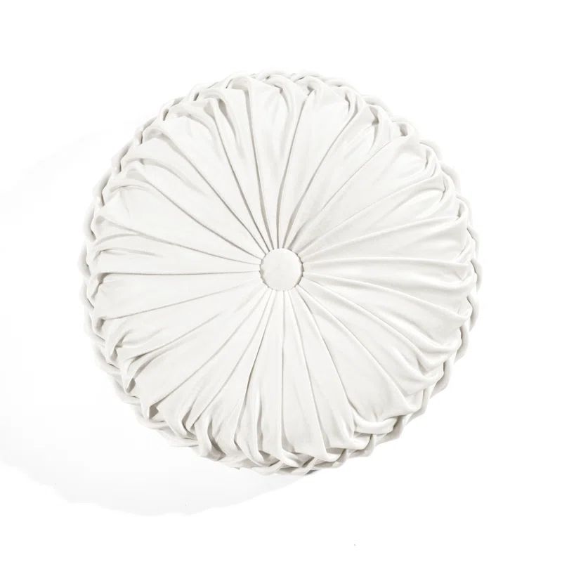 White Round Pleated Velvet Decorative Throw Pillow, 15 Inch