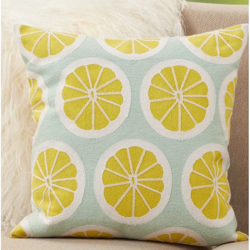 Lime and White Embroidered Citrus Square Pillow