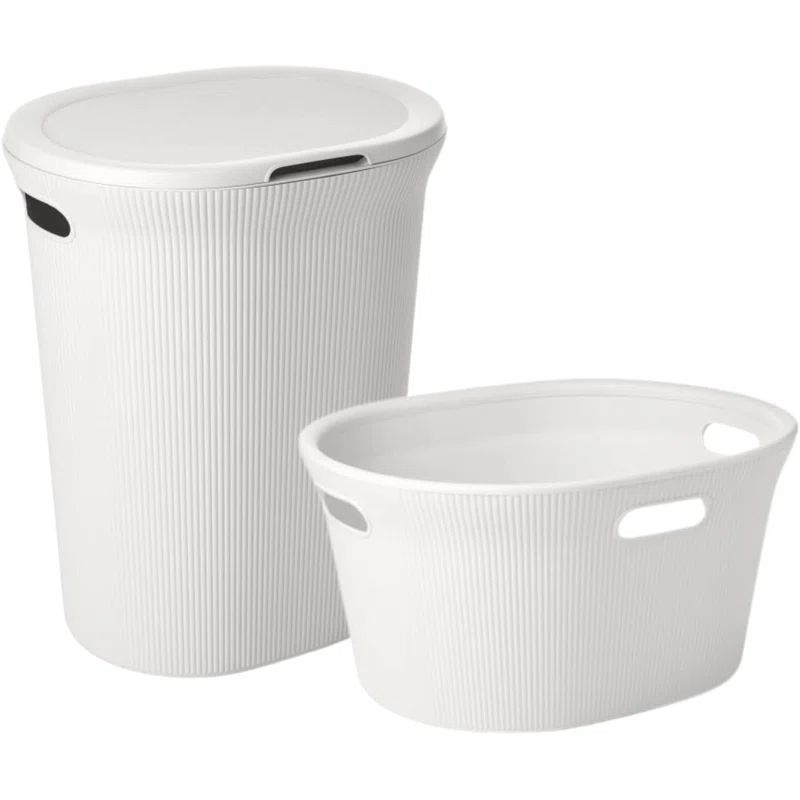 White Ribbed Plastic Upright Hamper with Lid Set