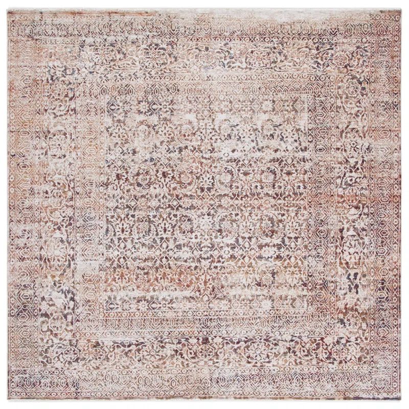 Ivory and Brown Square Hand-Knotted Synthetic Rug