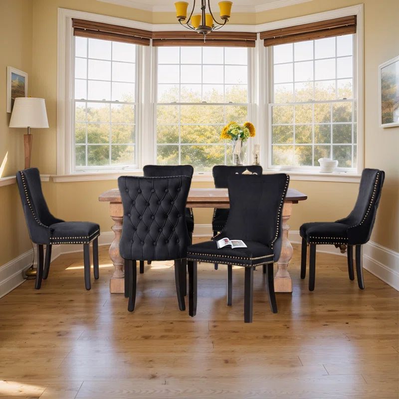 Black Velvet Upholstered Dining Chairs with Nailhead Trim, Set of 6