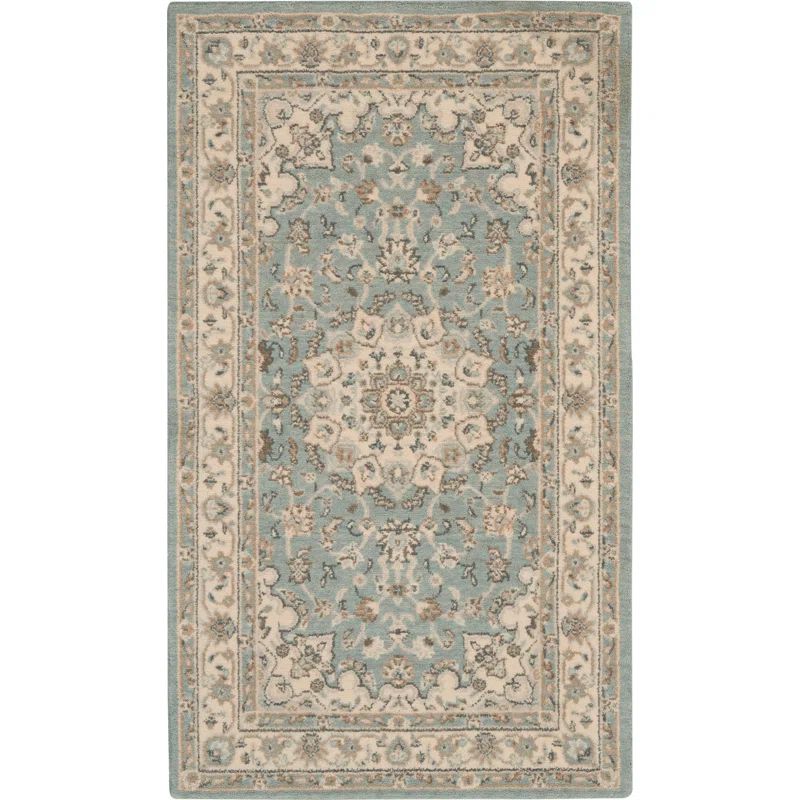 Aqua and Ivory Floral Elegance Wool Blend Area Rug, 5'6" x 8'3"