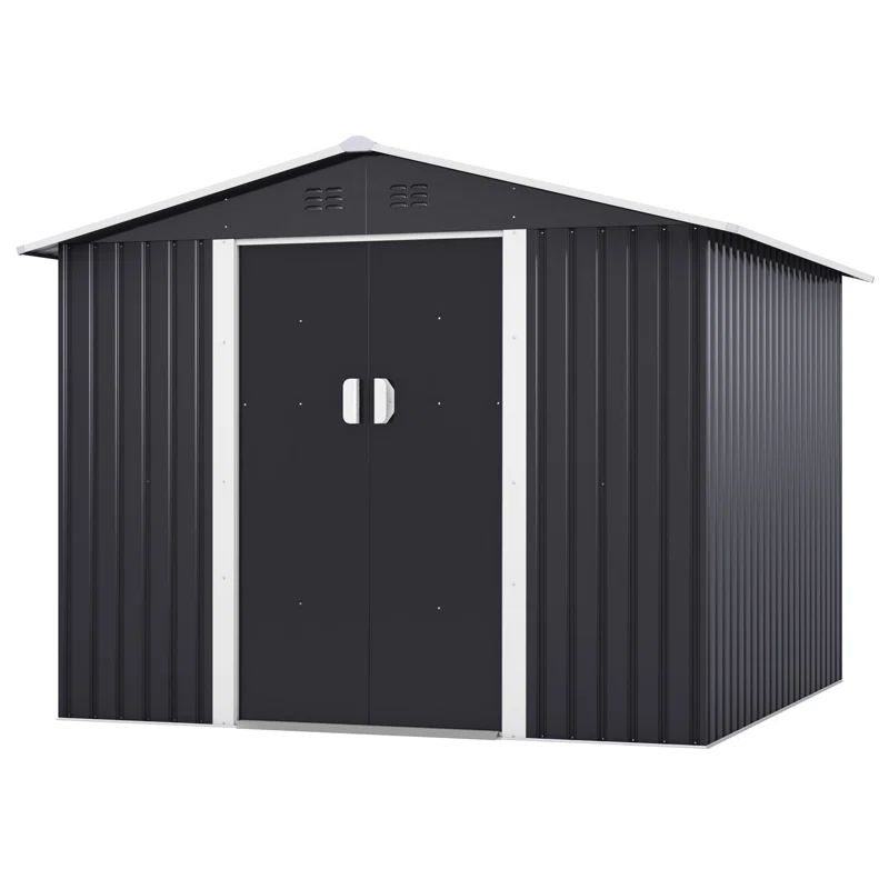 Dark Gray 8'x8' Metal Outdoor Storage Shed with Sliding Doors