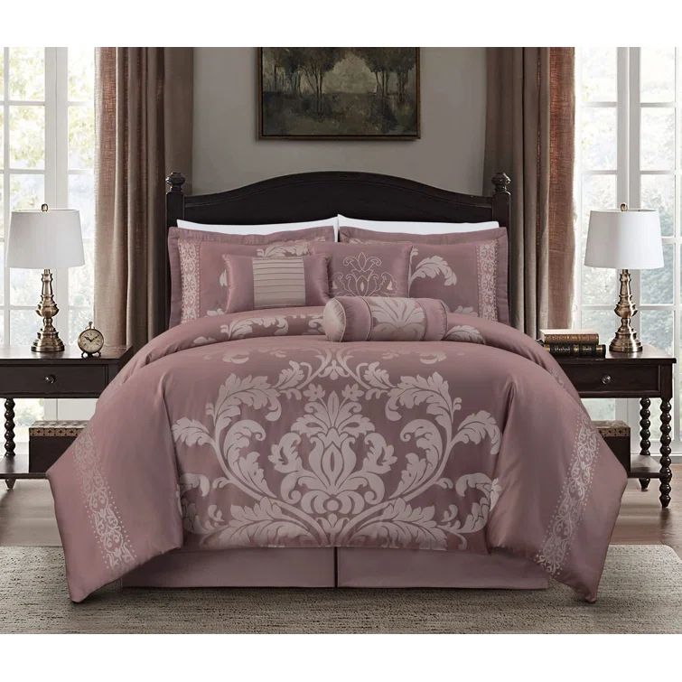 Full Size Woodrose and Gray Jacquard Floral Comforter Set