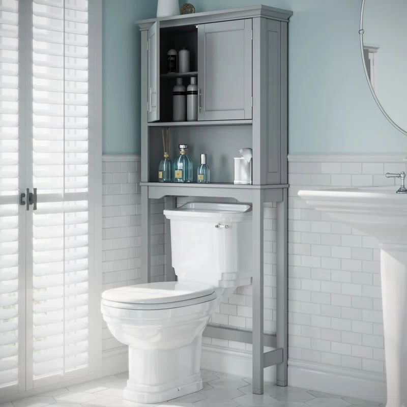 Transitional Gray Engineered Wood Over-the-Toilet Storage with Adjustable Shelves