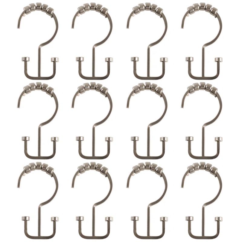 Brushed Nickel Double Roller Shower Curtain Hooks Set of 12