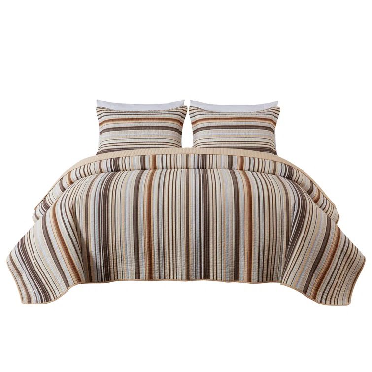 Queen Multi-Color Brown Cotton Striped Quilt Set