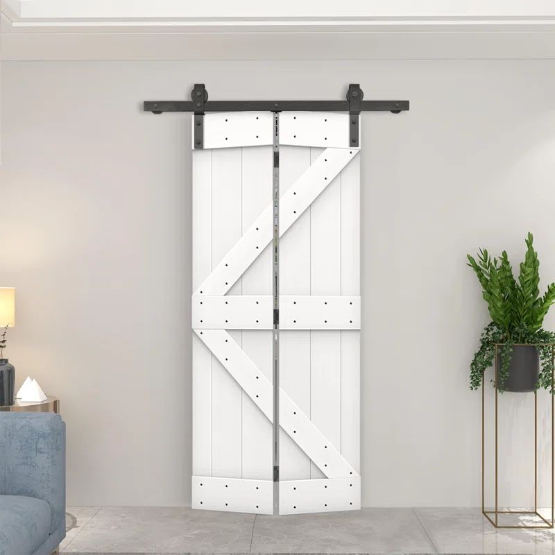 Pure White Stained Pine Wood Solid Core Bi-Fold Barn Door with Hardware Kit