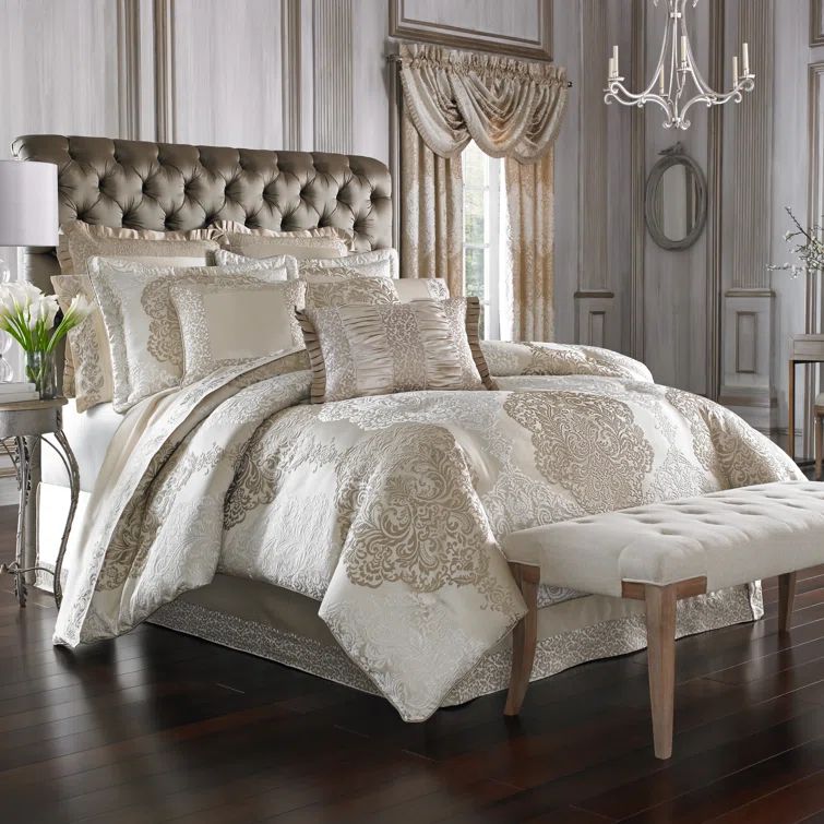 King Ivory and Gold Damask Comforter Set with Shams