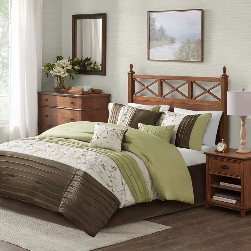 California King Green and Brown 7-Piece Embroidered Comforter Set