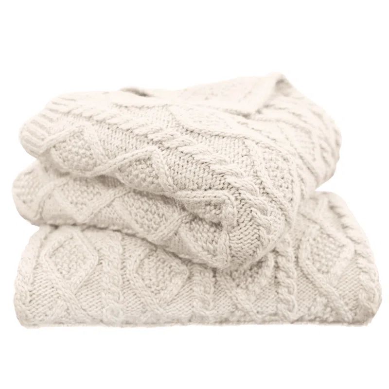 Cream Cable Knit Wool Blend Throw Blanket with Diamond Pattern