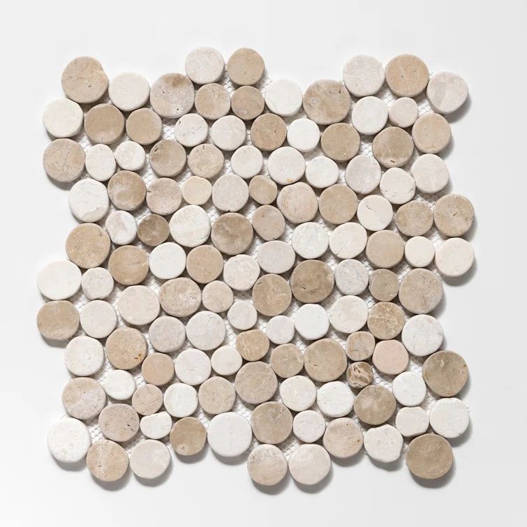 12" x 12" Tan and Off-White Marble Penny Round Mosaic Tile