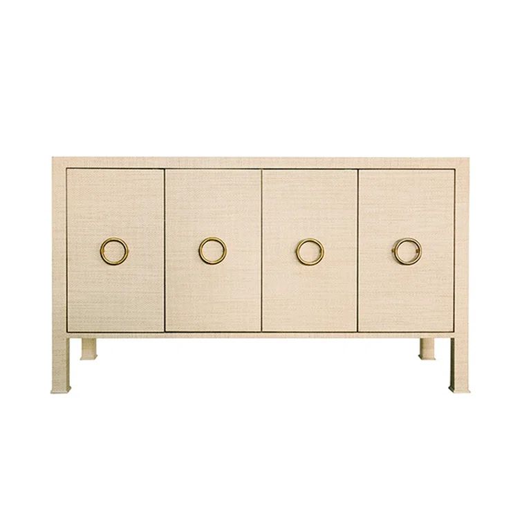 Contemporary Beige Grasscloth 58'' Sideboard with Antique Brass Hardware