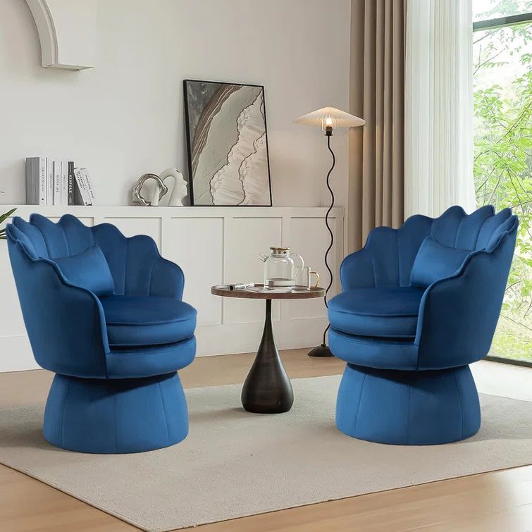 Blue Velvet Swivel Barrel Accent Chair with Metal Base