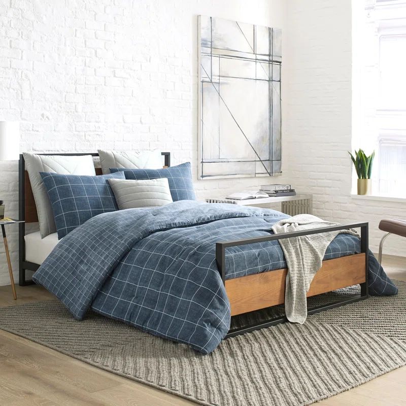 Twin Blue Cotton Grid Duvet Cover Set with Sham