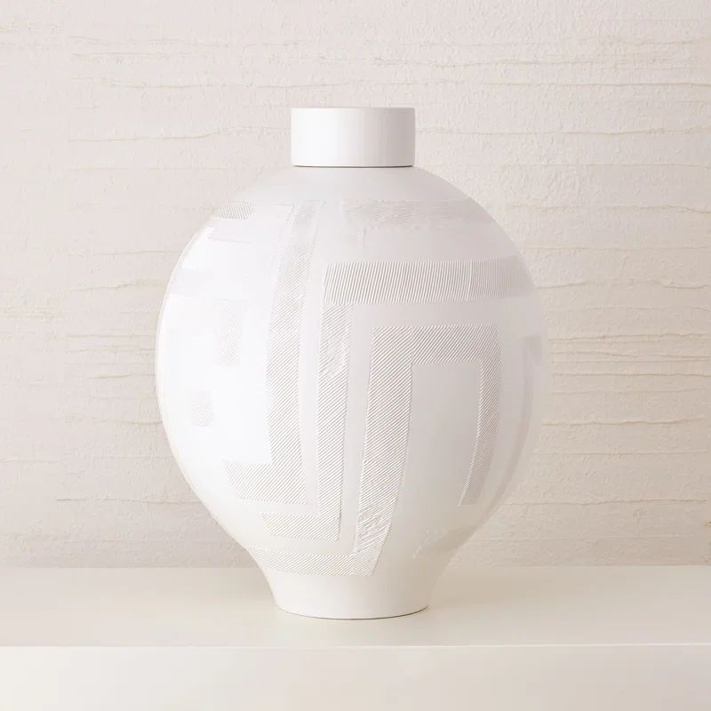 Matte White Ceramic Lidded Jar with Geometric Pattern