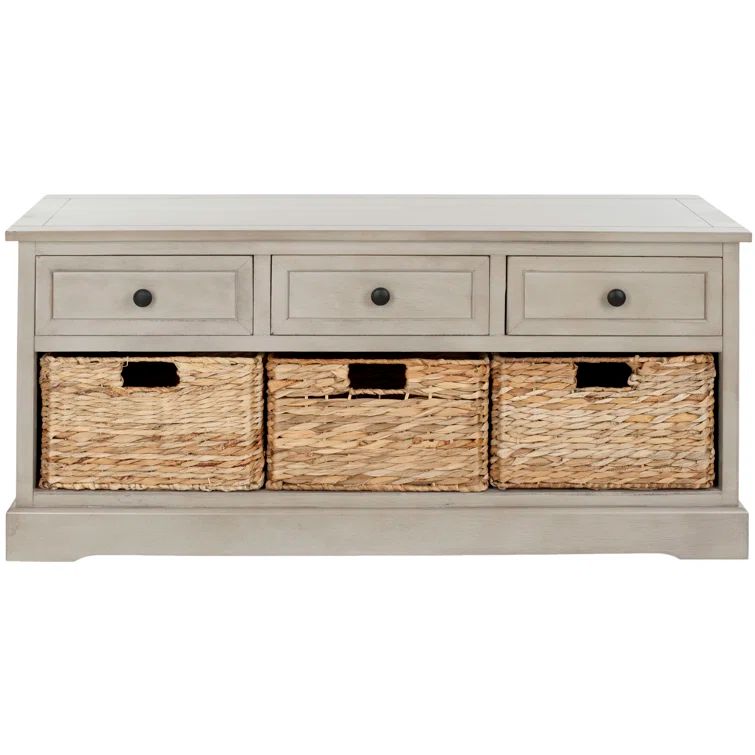 Transitional Gray 42" Solid Wood Storage Bench with Wicker Baskets
