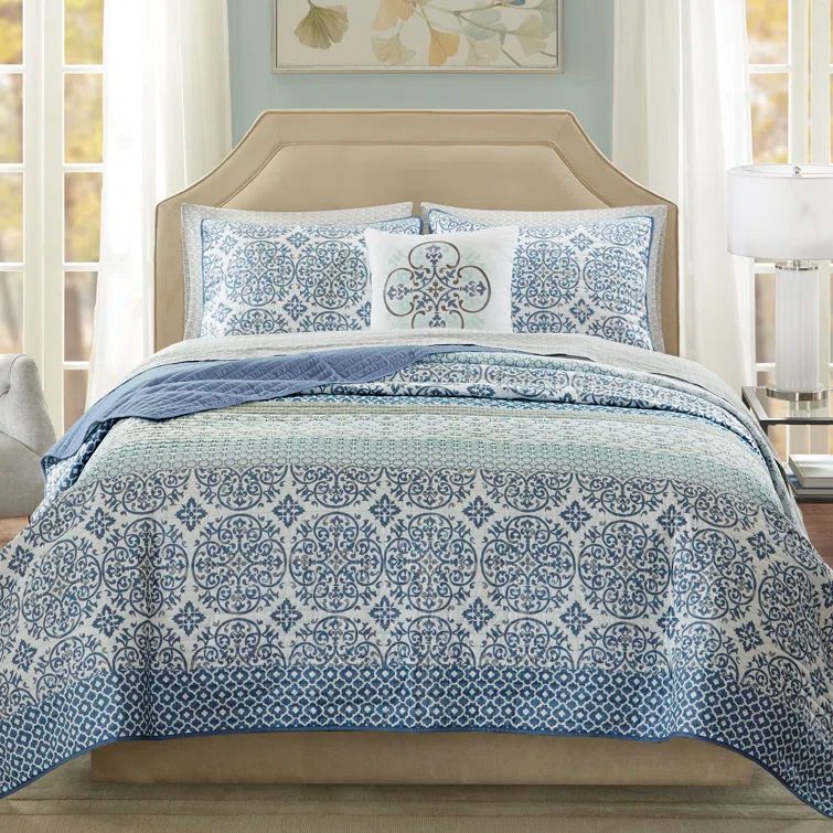 Blue Geometric Reversible Cotton Full Quilt Set