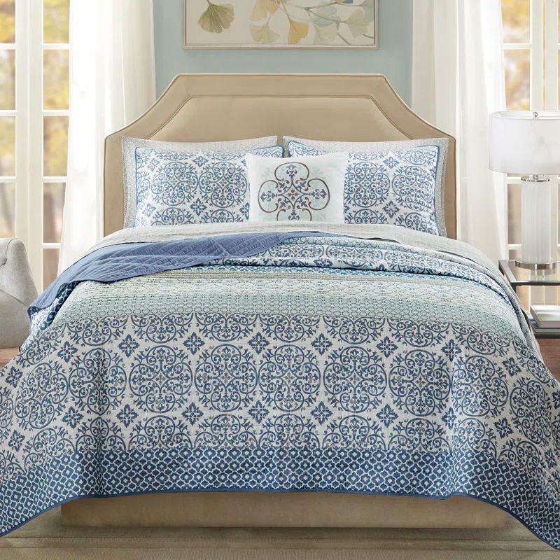 Blue Queen Cotton Reversible Embroidered Quilt Set