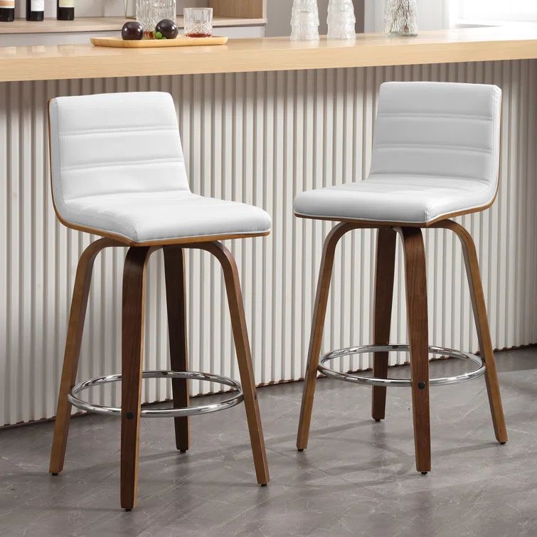 White Faux Leather Swivel Counter Stool Set with Bentwood Legs