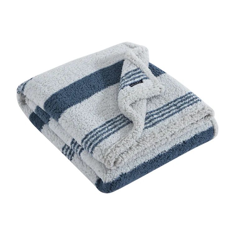 Navy and Light Grey Reversible Sherpa Fleece Throw Blanket