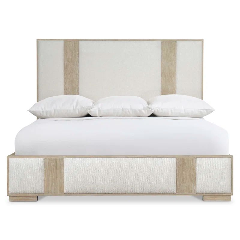 Transitional Dune and Ivory Queen Upholstered Bed with Geometric Headboard