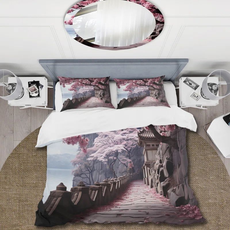 Cherry Blossom Path Pink and Gray Microfiber Duvet Cover Set