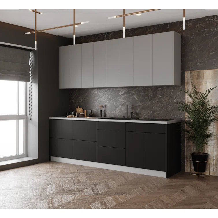 Black and Gray MDF Kitchen Cabinet Set, 103'' Wide