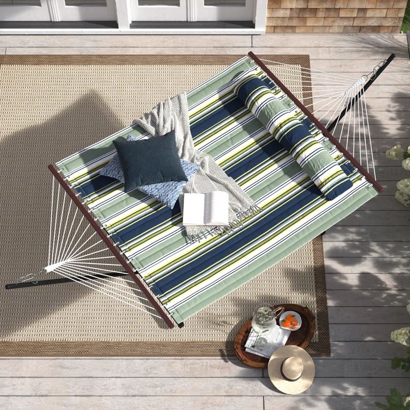 Blue and Aqua Striped Quilted Fabric Hammock with Stand