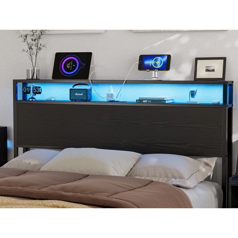 Full Black Wood and Metal Headboard with LED Storage
